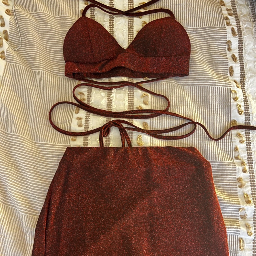 Red sparkly top and skirt set